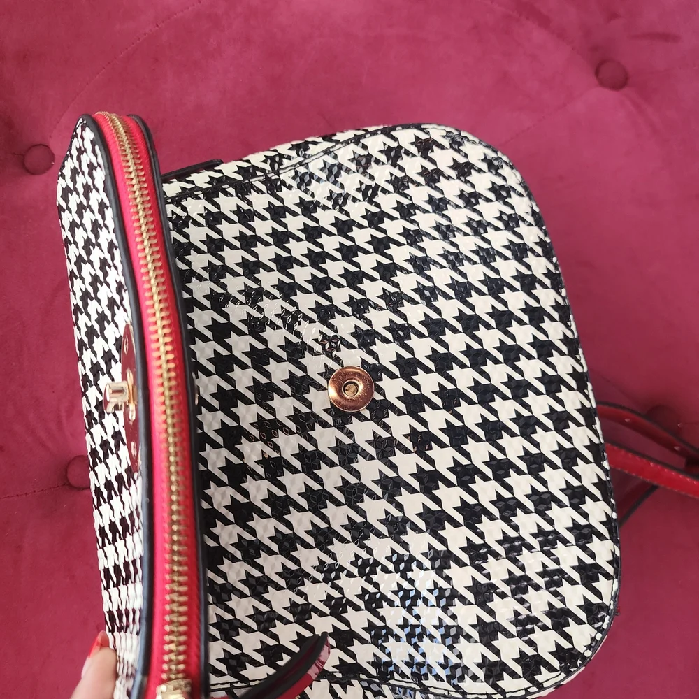 Houndstooth Crossbody Bag With Patent Red Strap And Outling
